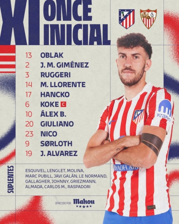 Đội hình xuất phát Atletico Madrid vs Seve: Spidey và Baena xuất phát, Serlot và Giuliano thi đấu